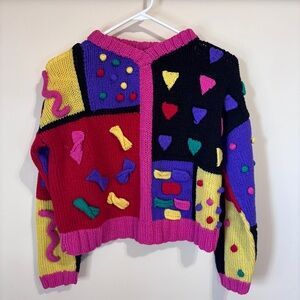 Vintage Eaton Kids Small Knit Sweater (7/8) Colorbock Pom poms 90s Funky Shirt